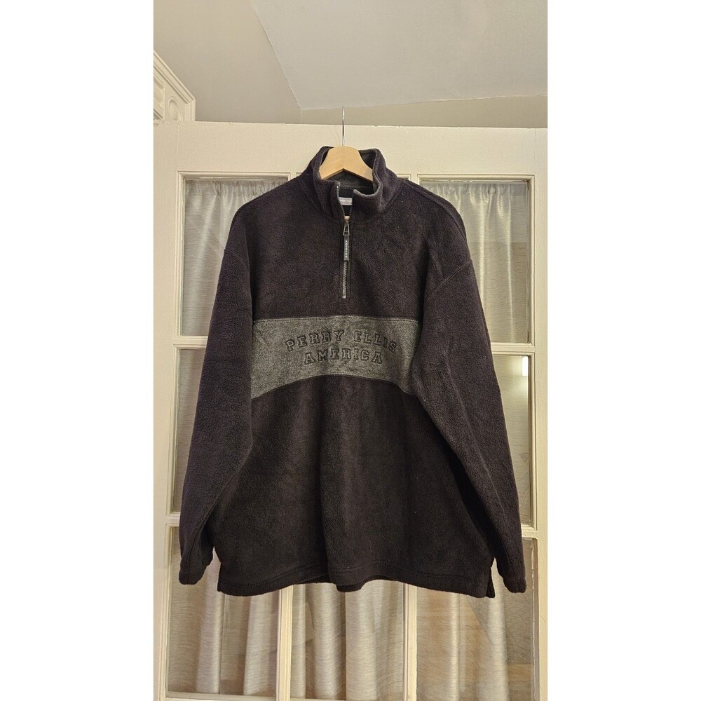 Vintage Perry Ellis America Active Fleece Quarter Zip Pullover Black Grey L